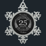 Silver wedding anniversary 25 years snowflake pewter christmas ornament<br><div class="desc">A design to celebrate 25 years of marriage. This design has a silver (grey) coloured laurel design on a black background. Silver is the traditional gift for this occasion. The text reads Silver 25 years anniversary. A romantic design to celebrate your 25th year of marriage. If you would like any...</div>