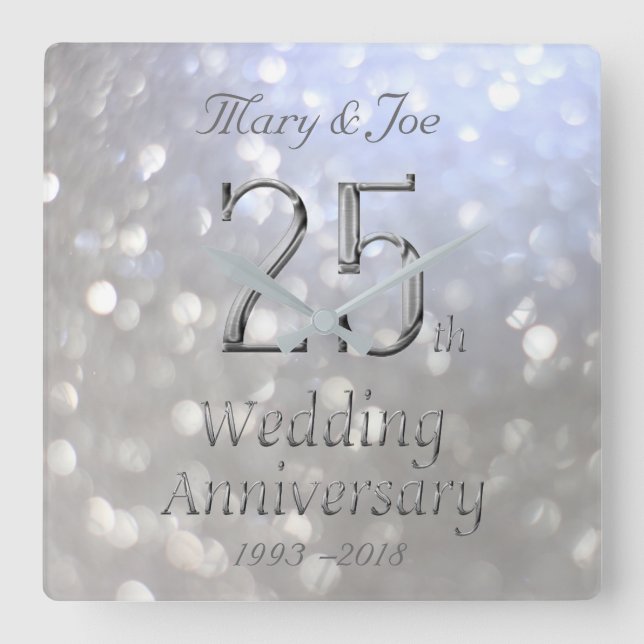 Silver Wedding Anniversary 25th Anniversary Bokeh Square Wall Clock (Front)