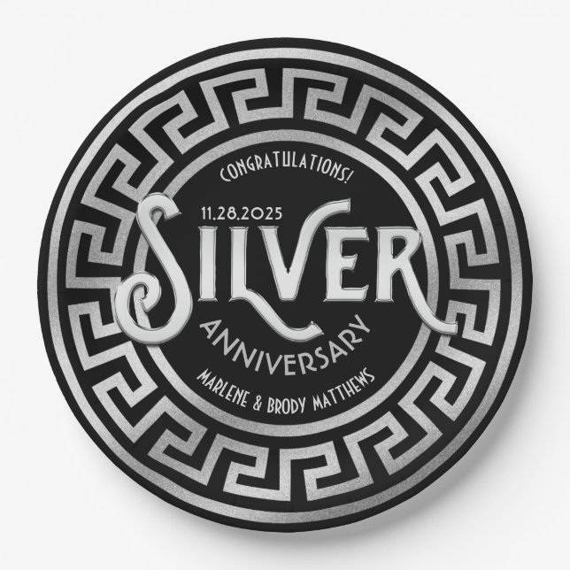 Silver Wedding Anniversary Art Deco 25th Glitter Paper Plate (Front)