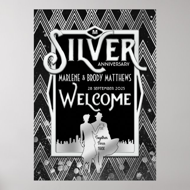 Silver Wedding Anniversary Art Deco Party Welcome Poster (Front)