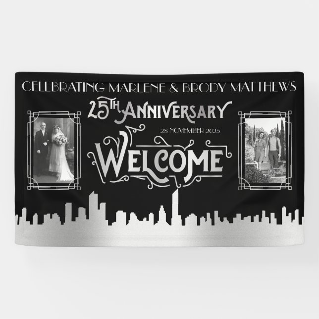 Silver Wedding Anniversary Art Deco Photos Welcome Banner (Horizontal)