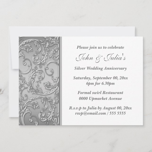 Silver wedding anniversary floral swirl invitation (Front)