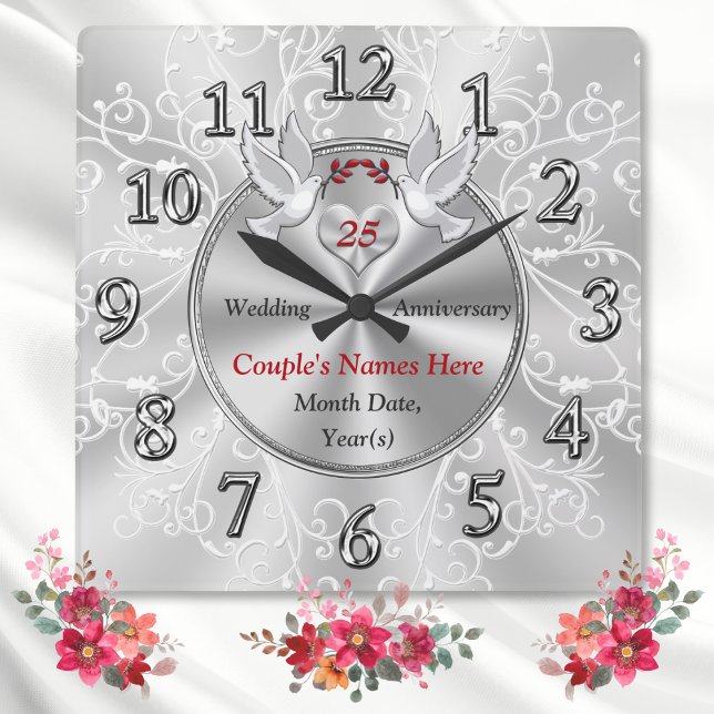 Silver Wedding Anniversary Gift Ideas, Anniversary Square Wall Clock (25th Wedding Anniversary Gift Ideas. Silver anniversary gifts for parents. 25th anniversary gifts.)