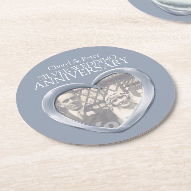 Silver wedding anniversary heart photo coasters (Angled)