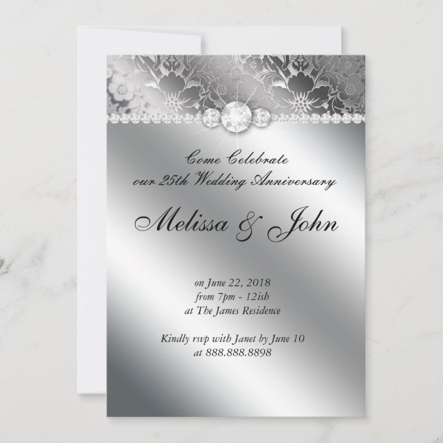 Silver Wedding Anniversary Invite Floral Damask (Front)