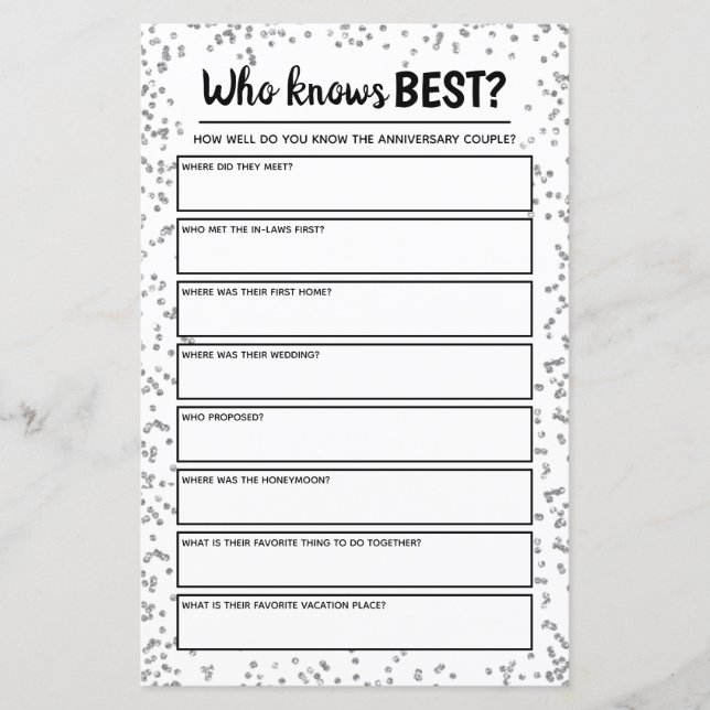 Silver Wedding Anniversary Party Game (Front)