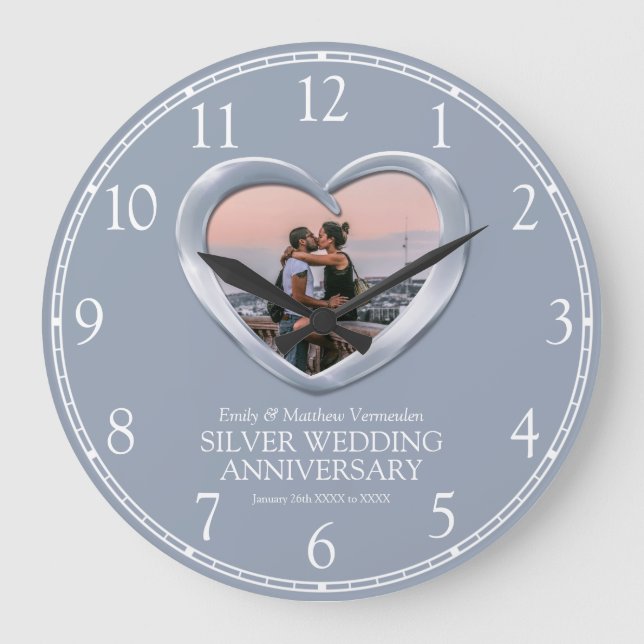 Silver wedding anniversary photo heart numbers  large clock (Front)