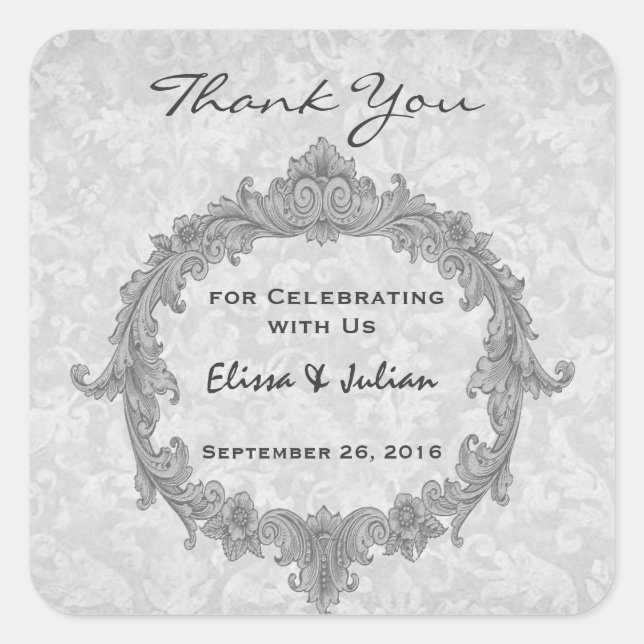 Silver Wedding Curlicue Thank You Wedding R502 Square Sticker (Front)