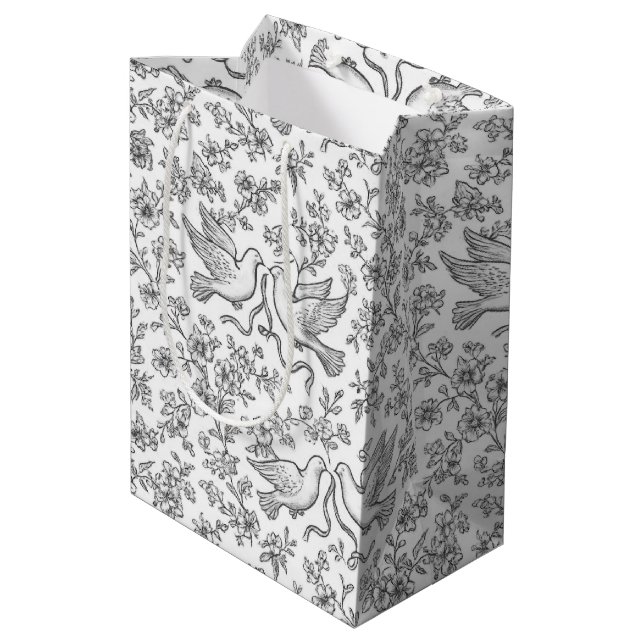 Silver Wedding Doves with Ribbons and Flowers Medium Gift Bag (Back Angled)