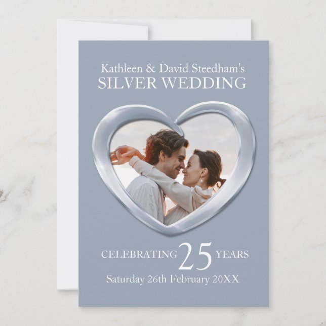 Silver wedding heart photo 25 years party invite (Front)