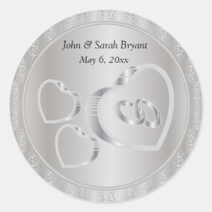 Silver Wedding Hearts and Rings Classic Round Sticker