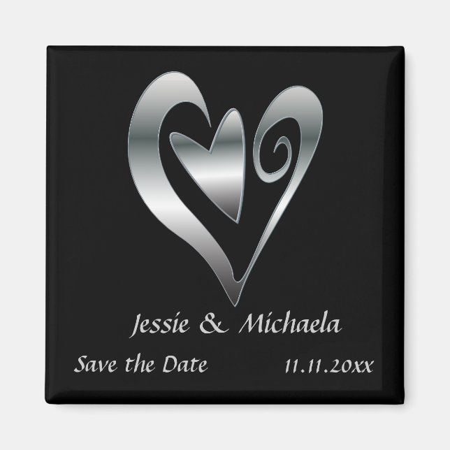 Silver Wedding hearts on Black  Save the Date Magnet (Front)