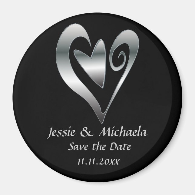 Silver Wedding hearts on Black Save the Date Magnet (Front)