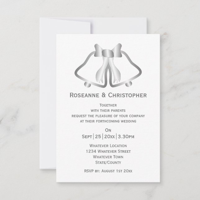 Silver Wedding Invitation Bells And Ribbon (Front)