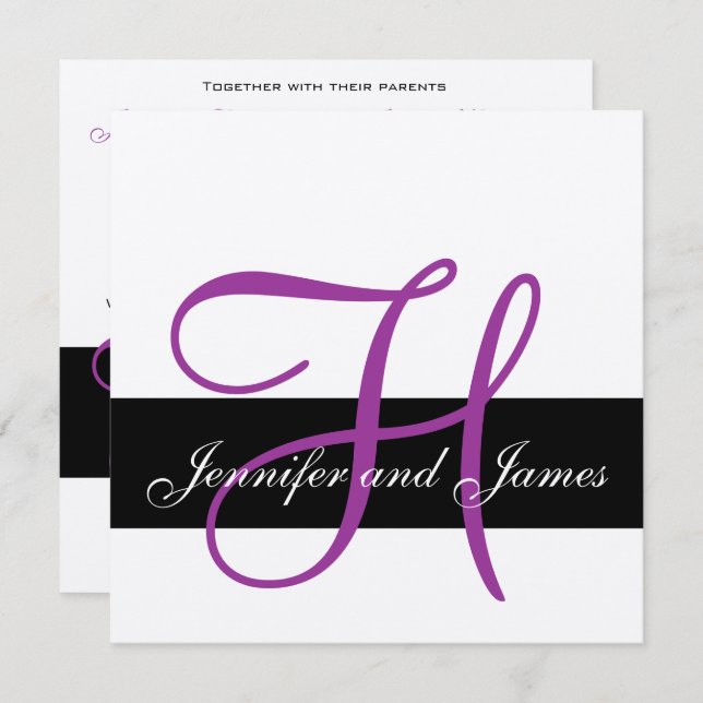 Silver Wedding Invitation Monogram H Names Purple (Front/Back)