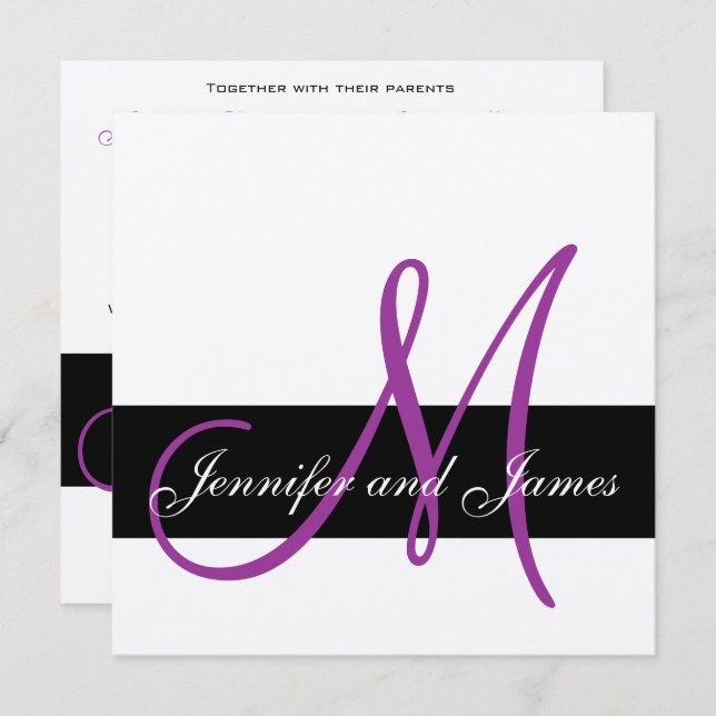 Silver Wedding Invitation Monogram Names Purple (Front/Back)