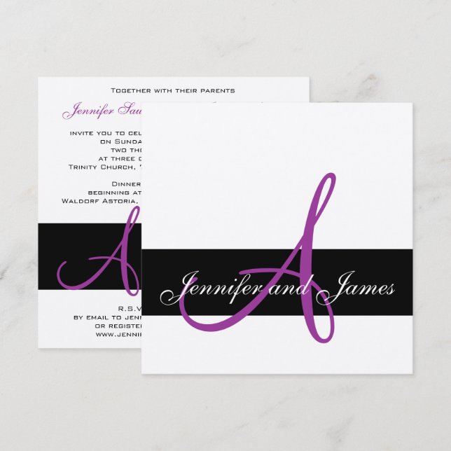Silver Wedding Invitation Monogram Names Purple (Front/Back)