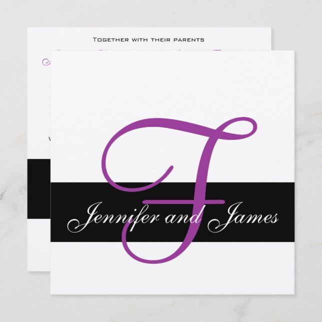 Silver Wedding Invitation Monogram Names Purple (Front/Back)