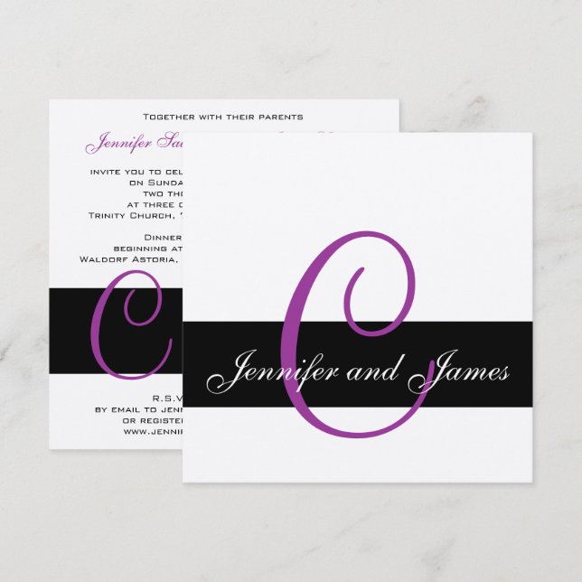 Silver Wedding Invitation Monogram Names Purple (Front/Back)
