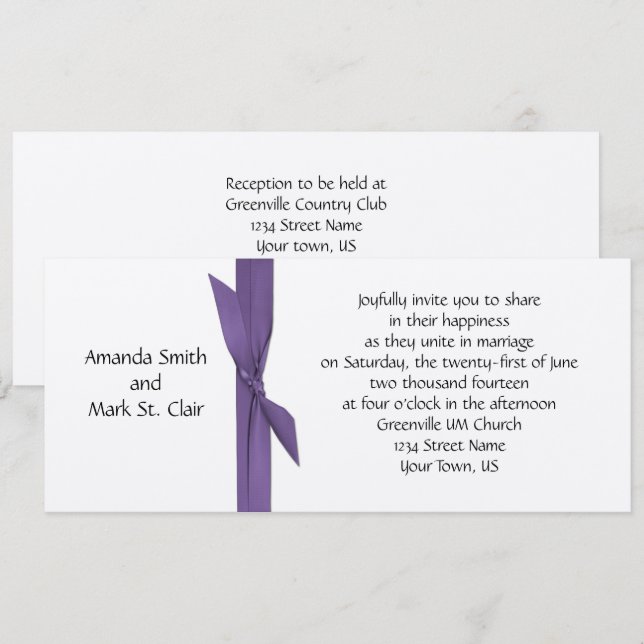 Silver Wedding Invitation with Purple Ribbon (Front/Back)