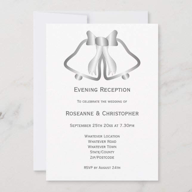 Silver Wedding Reception Invitation Bells Ribbon (Front)