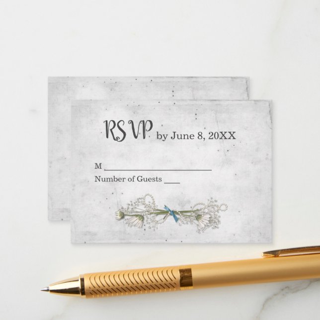 Silver Wedding RSVP With Daisy Bouqet Enclosure Card (Front/Back In Situ)