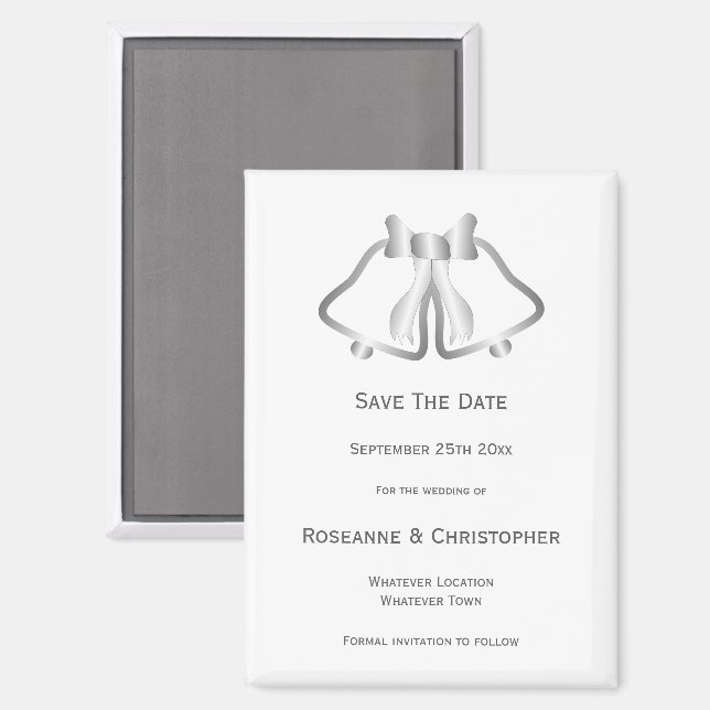 Silver Wedding Save The Date Magnet Bells Ribbon (Front/Back)