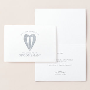Silver Wedding Suit and Tie Groomsman Proposal Foil Card