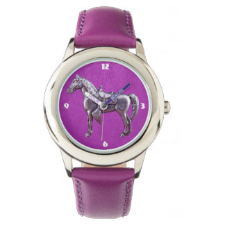 SILVER WESTERN HORSE Purple Leather Watch