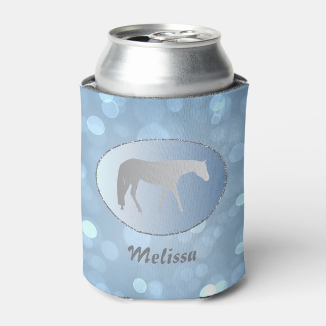 Silver Western Pleasure Horse on Blue Brokeh Can Cooler (Can Front)