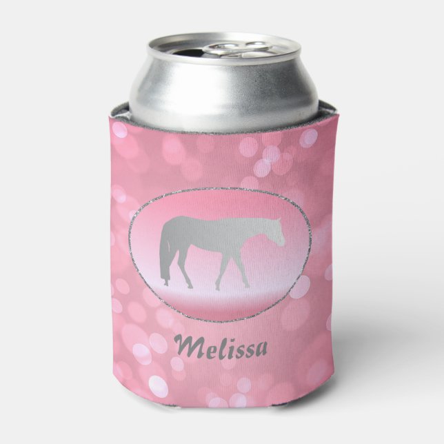 Silver Western Pleasure Horse on Pink Brokeh Can Cooler (Can Front)