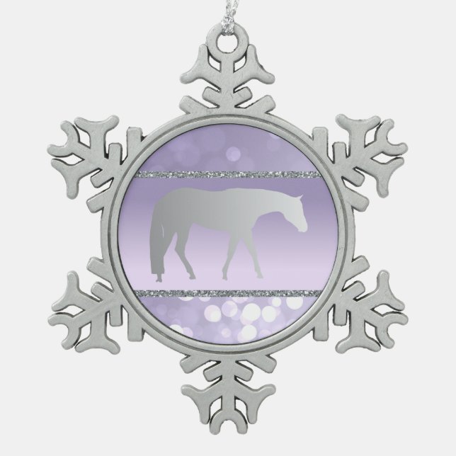 Silver Western Pleasure Horse on Purple Brokeh Snowflake Pewter Christmas Ornament (Front)