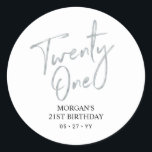 Silver & White 21st Birthday Party Favour Thank yo Classic Round Sticker<br><div class="desc">This simple custom thank you sticker will add stylish detail to your special day. This design features modern silver script lettering " Twenty One" with custom text. Matching 21st birthday invitations and party supplies are available in my shop BaraBomDesign.</div>
