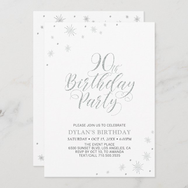 Silver & White | 90th Photo Birthday Party Invitation (Front/Back)