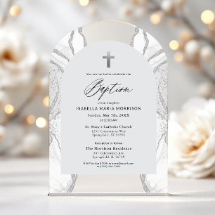 Silver White Agate Baptism Modern Elegant Acrylic Invitations