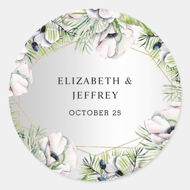 Silver White Anemone Gold Geometric Wedding Classic Round Sticker (Front)