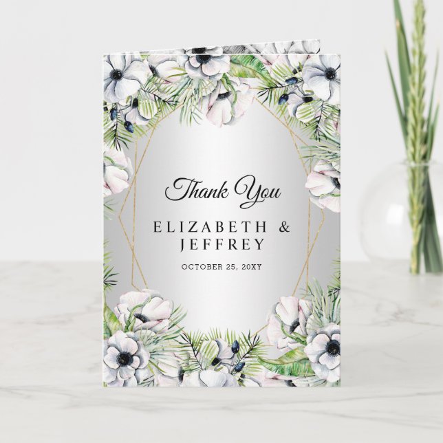 Silver White Anemone Gold Geometric Wedding Thank You Card (Front)