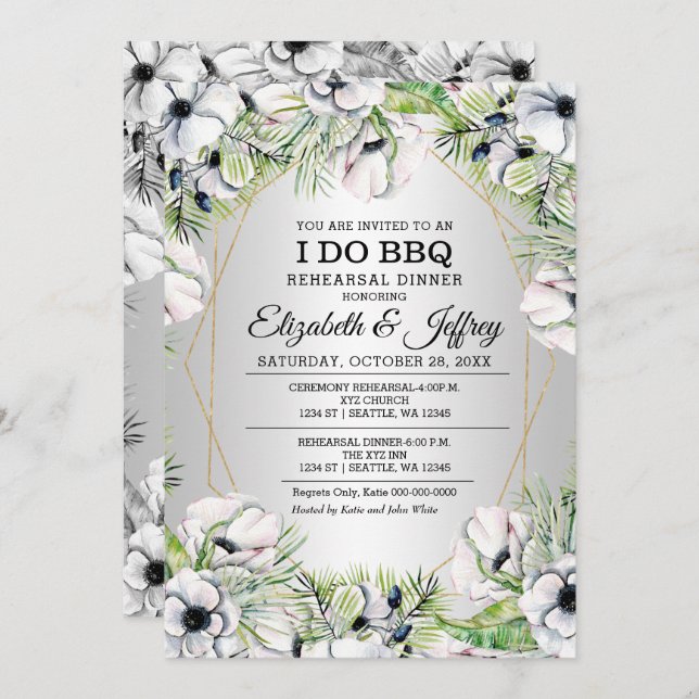 Silver White Anemone I Do BBQ Rehearsal Dinner Inv Invitation (Front/Back)