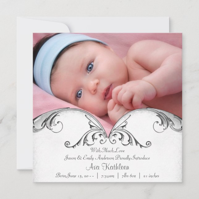 Silver White Baby Girl Photo Birth Announcement (Front)