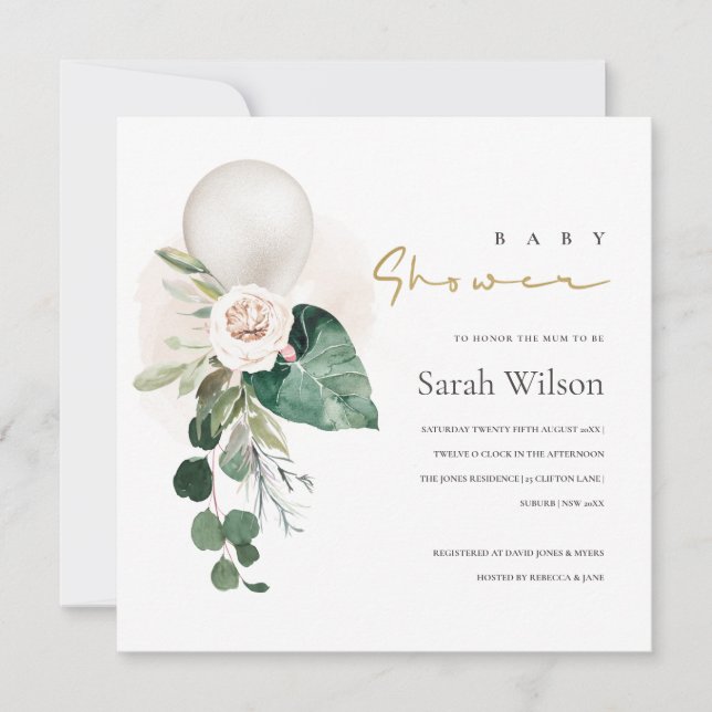 SILVER WHITE BALLOON FLORAL BABY SHOWER INVITE (Front)