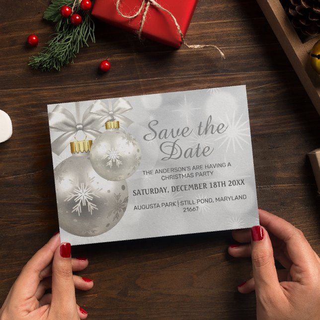 Silver & White Bauble Xmas Party | Save the Date Invitation Postcard (Creator Uploaded)
