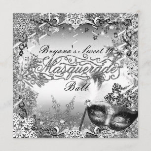 Silver White Black Masquerade & Winter Snowflakes Invitation