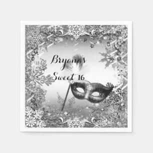 Silver White Black Masquerade & Winter Snowflakes Napkin