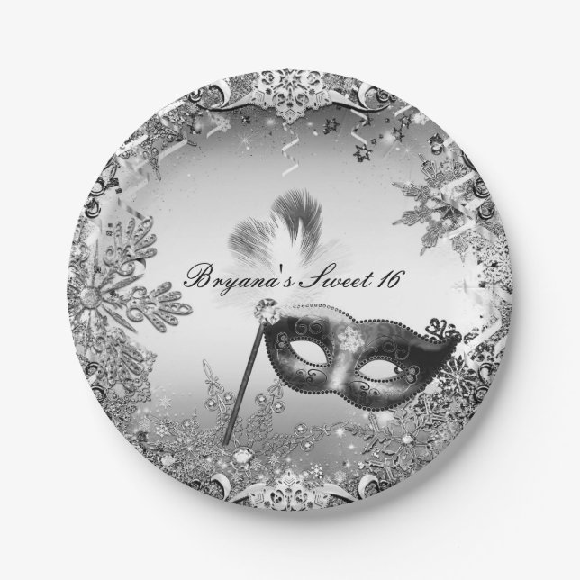 Silver White Black Masquerade & Winter Snowflakes Paper Plate (Front)