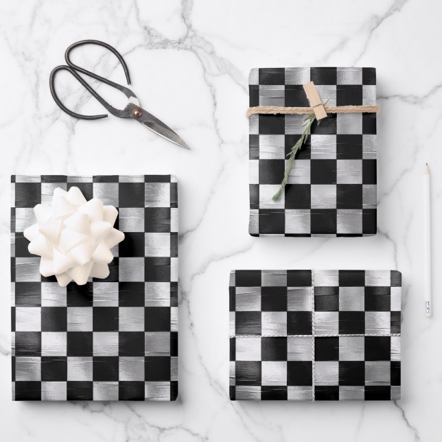 silver white black metallic square pattern wrapping paper sheet (Front)