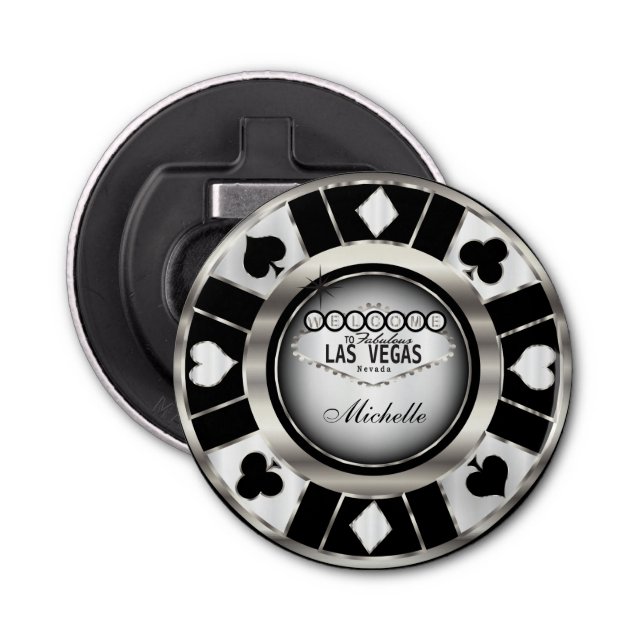 Silver, White, Black Poker Chip  - Personalise Bottle Opener (Front)