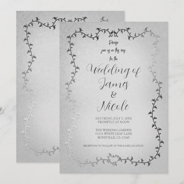 Silver White Botanical Leaves Storybook Wedding Invitation (Front/Back)