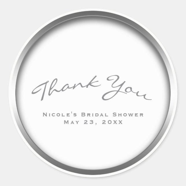 Silver & White Chic Bridal Shower Party Classic Round Sticker (Front)