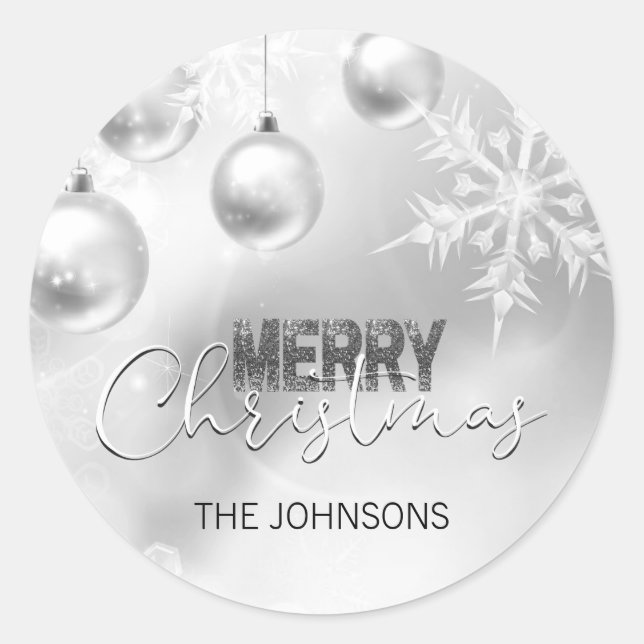 Silver White Christmas Snowflake Snow Baubles Classic Round Sticker (Front)