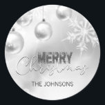 Silver White Christmas Snowflake Snow Baubles Classic Round Sticker<br><div class="desc">Personalise these elegant Christmas stickers in silver and white colours with lights , baubles,  snow,  snowflakes.  Personalise by adding last name,  message or delete.</div>